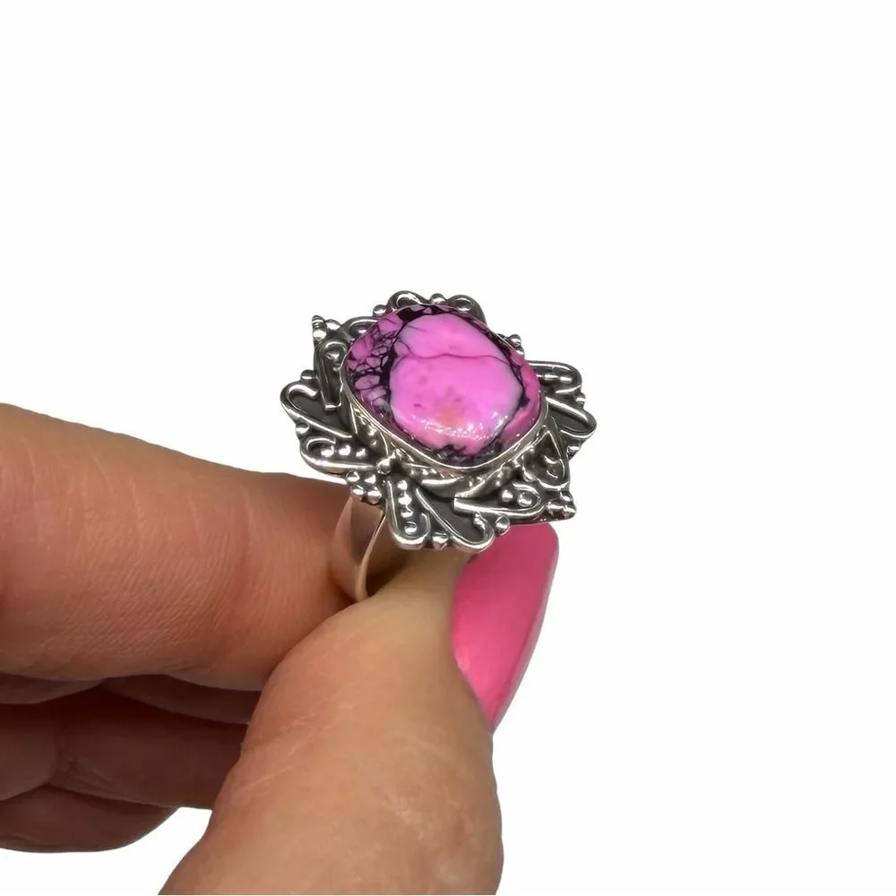 Kingman Cherry Blossom Turquoise Ring Solid 925 Sterling Silver Size 6